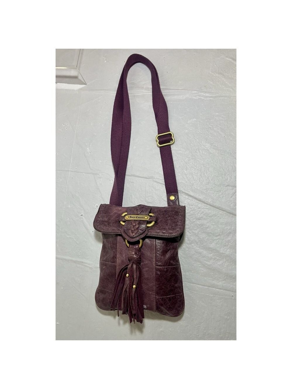 JUICY COUTURE WHIPSTITCH LEATHER TASSEL CROSSBODY BAG PURSE Plum Y2K - Picture 13 of 16